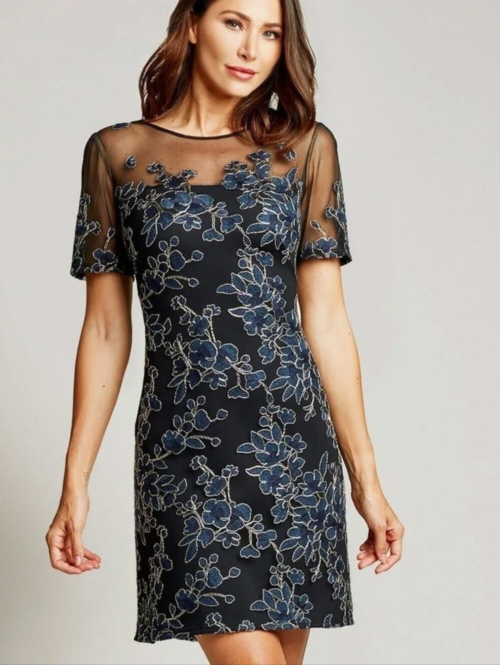 Tadashi Shoji Cardea Embroidered Tulle Cocktail A Line Dress Navy Gold Size 6